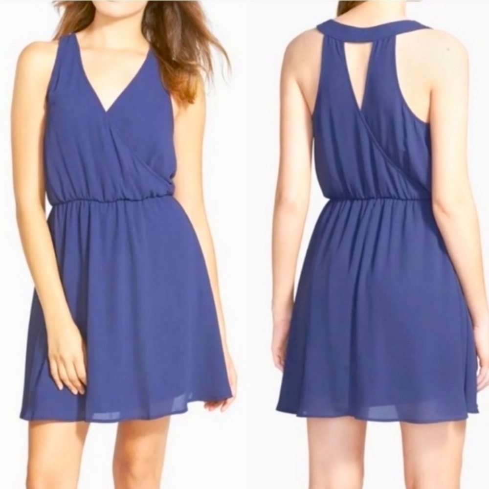 Lush Navy Blue Chiffon Surplice V-Neck Skater Mini Dress - Sz S Open To Offers